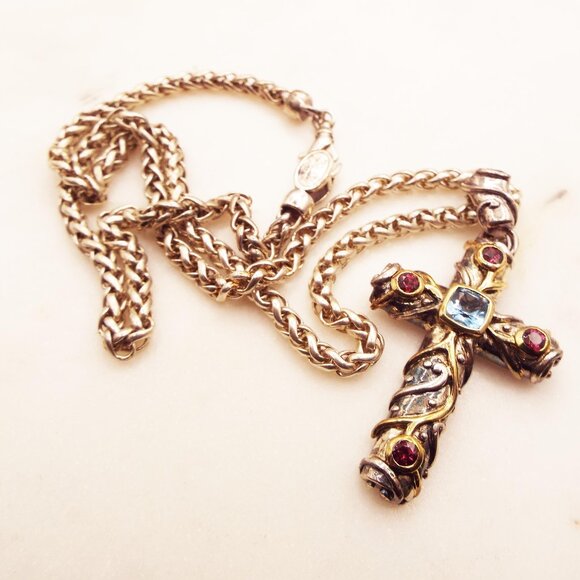 FLLI MENEGATTI RUGGED CROSS 18K VINES GARNET BLUE TOPAZ 925 46GR. NECKLACE 16 - Picture 1 of 5